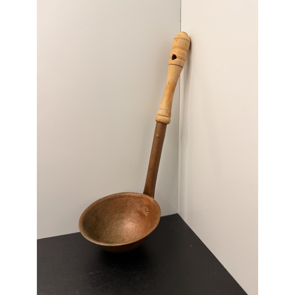 Vintage Copper Ladle Long Turned Wood Handle Rustic Country